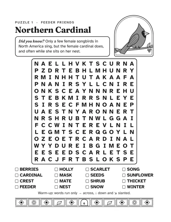 Sample page: Puzzle 1, Northern Cardinal, with a cardinal drawing, a fun fact and a large print letter grid.