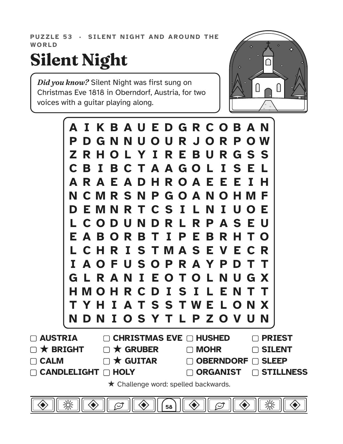 Puzzle page for Silent Night: a drawing of a snowy village chapel, a fun fact about the carol, a letter grid and a word list.