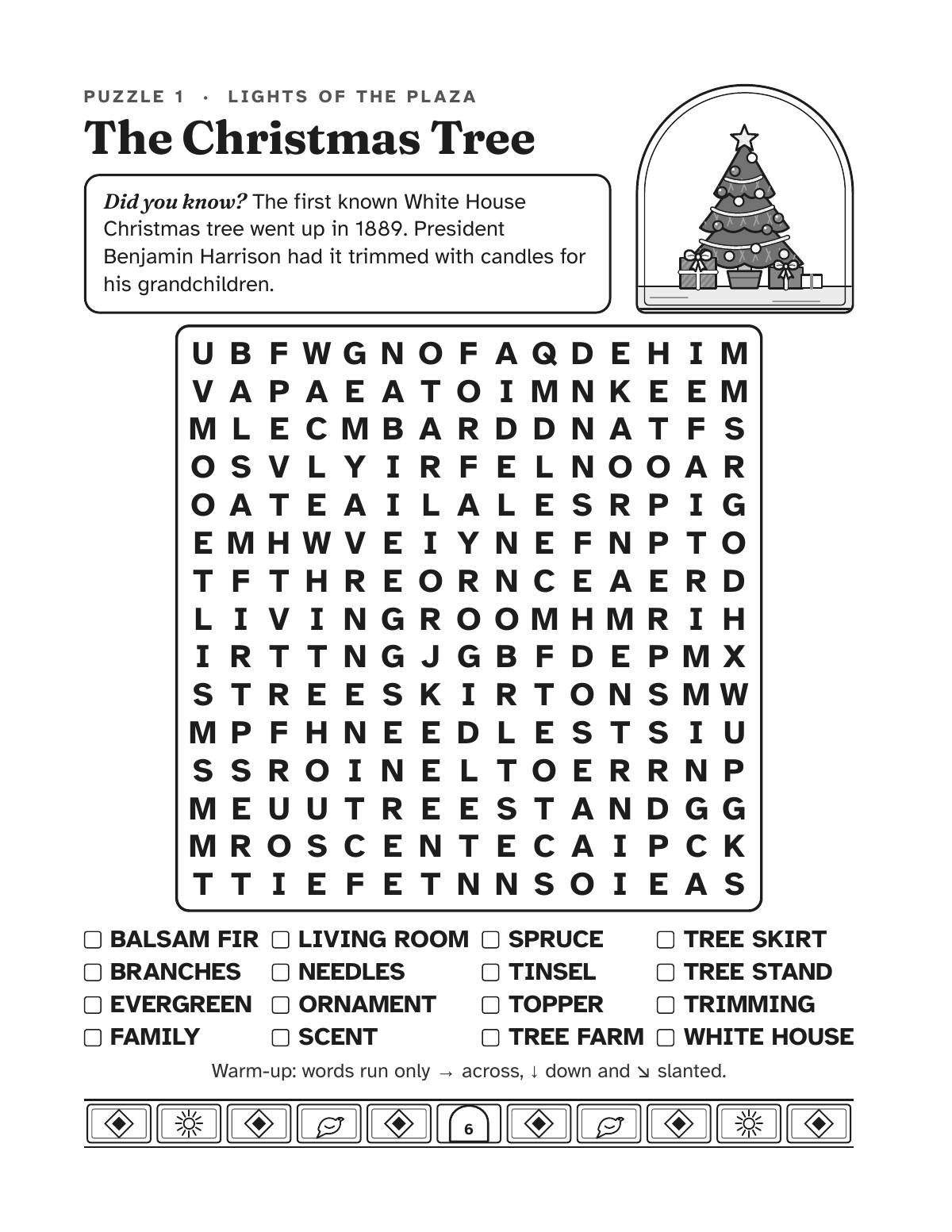 Puzzle page for The Christmas Tree: a drawing of a decorated tree with gifts, a fun fact box, a 15 by 15 grid of large letters and a word list with check boxes.