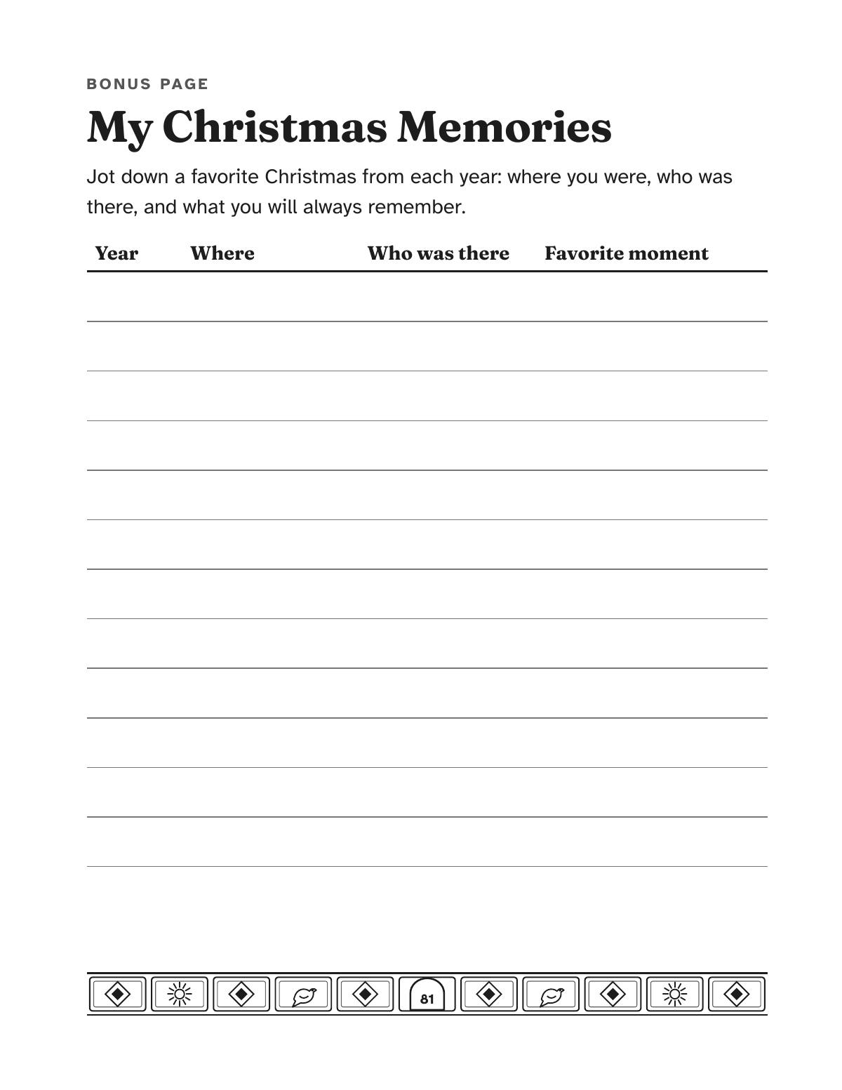 The My Christmas Memories page: a lined table with columns for year, where, who was there and favorite moment.